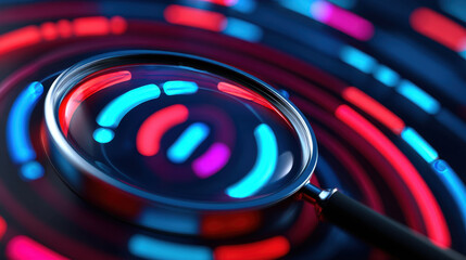 Magnifying glass technology neon light digital search focus blue red circle abstract close up lens futuristic glowing vibrant pattern background illuminated modern detail electronic innovation