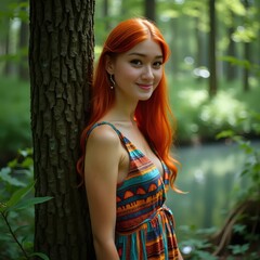 A woman with bright orange hair standing next to a tree.