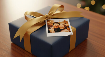 A beautifully wrapped gift with a personalized photo tag, adorned with a golden ribbon, sits elegantly on a polished wooden table