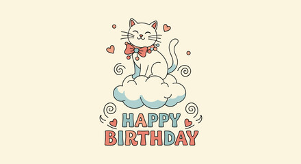 Fototapeta premium A cute cartoon cat celebrating its birthday on a fluffy cloud.