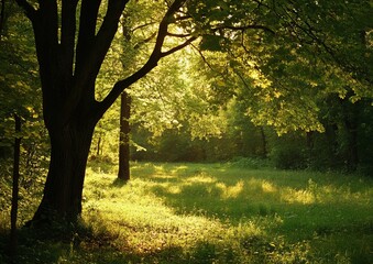 Obraz premium Sunlight filters through a verdant forest