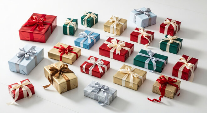Overhead shot of many colorful gift boxes with ribbons isolated on white background, creating a festive and celebratory atmosphere for any occasion