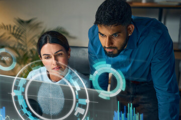 Two Tech Professionals Analyzing Biometric Fingerprint Data With Holographic UI In Modern Office