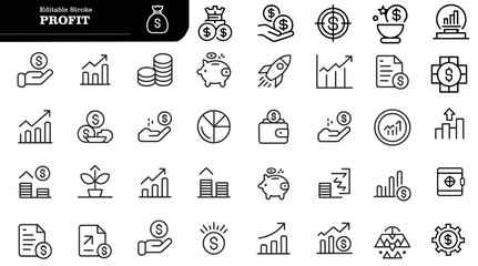 Profit line icon set. Money income, money savings, earnings, money, cash, investment, financial growth and more. Outline vector icon in linear style. Pictogram collection