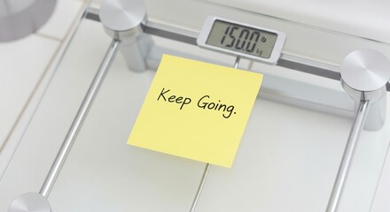 Encouraging reminder note on weight scale displaying numerical reading for motivation