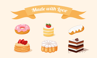 Vector bakery desserts set with cakes and donuts