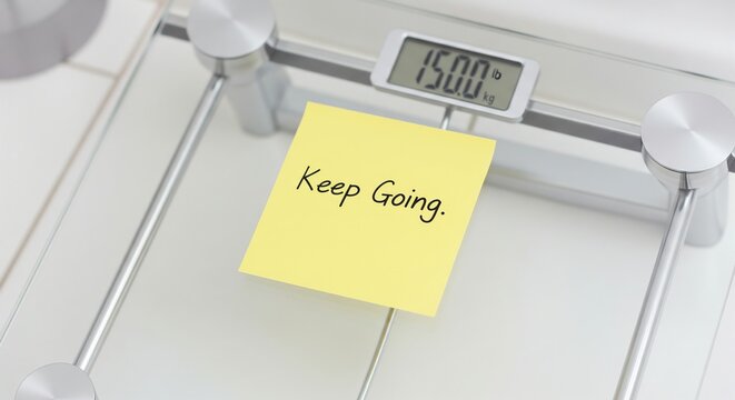 Encouraging reminder note on weight scale displaying numerical reading for motivation