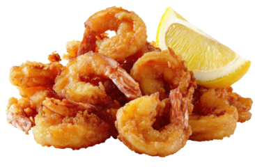 Crispy fried shrimp piled high with a lemon wedge