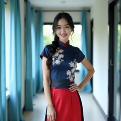 A woman in a blue and red dress standing in front of a window.