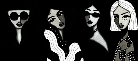 Group of abstract fashionable women portraits in black background, contemporary stylish female faces illustration, modern artistic fashion design, elegant glamour women art for prints and decoration