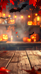 Eerie Halloween night scene with glowing jack o'lanterns, flying bats, and festive autumn leaves creating a spooky, magical atmosphere