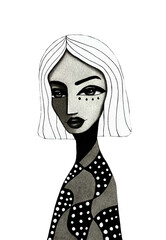 Stylized abstract portrait of modern woman with white hair, fashionable geometric dress pattern, contemporary minimalist illustration, elegant female artwork, isolated PNG with transparent background