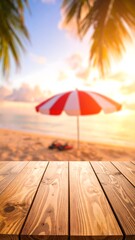 Serene beach oasis with vibrant sunset, tropical palms, and a welcoming wooden table perfect for your next vacation ad