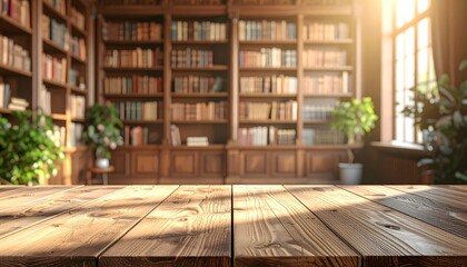 Warm sunlight streams across a rustic wooden table in a distinguished library setting filled with books and lush plants, evoking tranquility and wisdom.