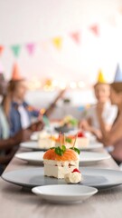 Joyful celebration with unique salmon appetizer centerpiece, guests in party hats enjoying festive gathering with bokeh lights