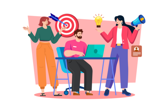 Three Businesspeople with Desk Laptop and Target with Arrow in a Transparent Background