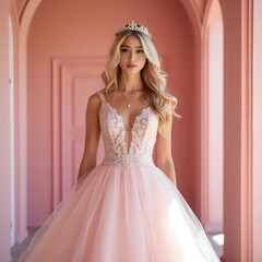 A woman in a pink wedding dress standing in an archway.