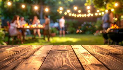 Friends and family gather for a vibrant summer barbecue party with string lights creating a magical evening atmosphere in the backyard