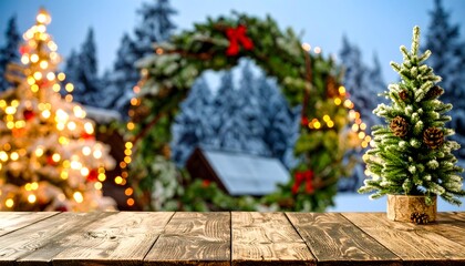 Cozy winter scene with decorated Christmas trees and festive wreath, perfect for holiday promotions and festive greetings.
