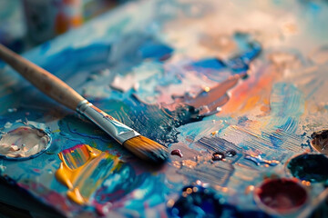 Fototapeta premium Close-up of a painter's palette and brush, showcasing the vibrant colors and textures of oil paint