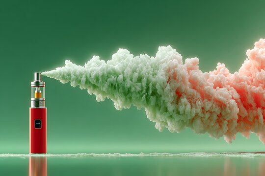 Red vape device emitting green and pink vapor clouds vaping e-cigarette