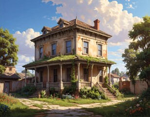 Vintage weathered house in a sun-drenched garden