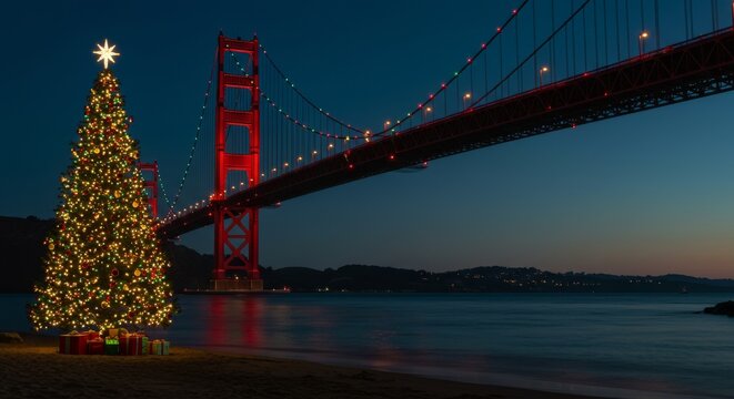 San Francisco Golden Gate Christmas, bridge towers glowing with red and green lights