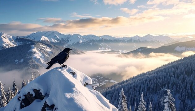 Raven perched on snowy mountain peak overlooking foggy valley at sunrise. - Powered by Adobe