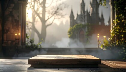 Mystical castle vista bathed in golden sunrise light with foreground wooden platform for product display