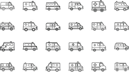 Medical Healthcare Icons Set – Hospital, Emergency, Doctor, Ambulance, First Aid Kit, Stethoscope, Syringe, Thermometer, Vaccine, Heartbeat, and Medical Cross Line Icons on White Background for Health