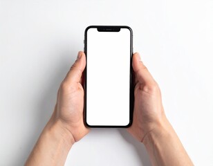 Two hands hold a black smartphone with a blank white screen against a white background