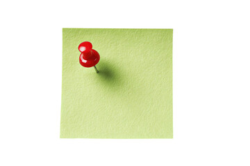 A single red pushpin in the center of a light green sticky note