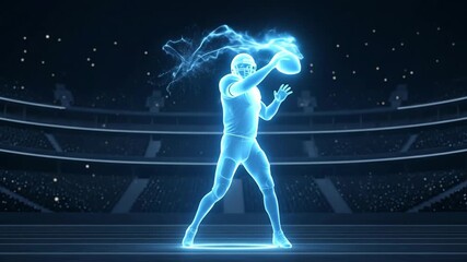 Holographic American Football Player Throwing Pass - A vibrant blue holographic representation of an American football player in mid-throw, set against a dark stadium background. - Powered by Adobe