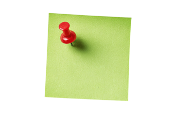 A light lime green sticky note with a red push pin