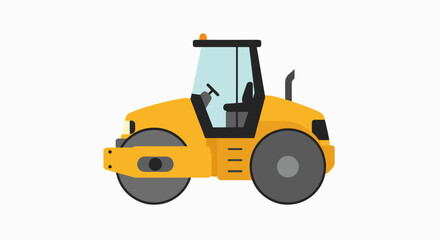 Bright Yellow Road Roller Compactor: Essential Heavy Machinery Flat Design Illustration for Construction Projects