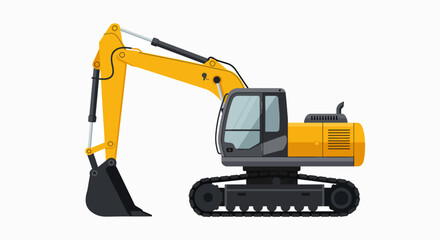Bright Yellow Excavator: Heavy Construction Equipment Vector Isolated
