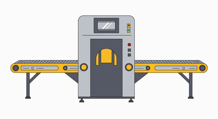 Vector illustration of an airport security baggage scanner with an empty conveyor belt system.