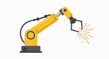 A yellow industrial robotic arm with a gripper is shown welding, creating sparks, against a white background.