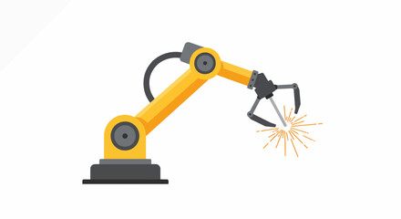An illustration of a yellow robotic arm with a gripper, sparks, and a gray base.