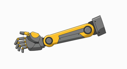 Fototapeta premium Illustration of a robotic arm with a yellow and gray color scheme, isolated on white.
