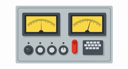 A gray vintage control panel featuring two analog VU meters, various knobs, buttons, and a small keypad, depicted in a flat vector style.