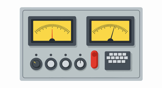 A gray vintage control panel featuring two analog VU meters, various knobs, buttons, and a small keypad, depicted in a flat vector style.