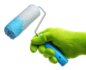 Hand in green work glove holding paint roller with light blue handle