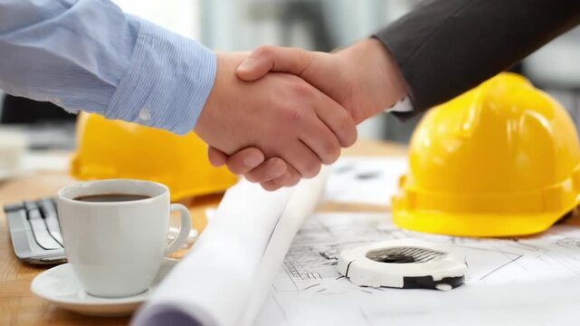 Constructive Alliance: Close-up of a business handshake symbolizing agreement and collaboration, placed amidst architectural plans and protective gear.