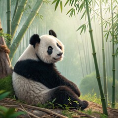 Obraz premium A giant panda sits peacefully amongst tall bamboo stalks in a misty forest