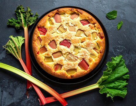 Delicious rhubarb pie on dark background
