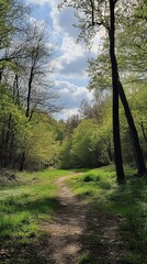 Obraz premium Sunny woodland path winding through fresh green trees