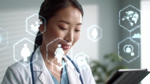 Asian Female Doctor Using Digital Tablet with Holographic Medical Icons for Advanced Healthcare Technology and Patient Data Management - Powered by Adobe