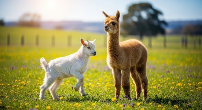 A white goat and a brown alpaca standing together in a sunny field with yellow flowers and a blurred background of
