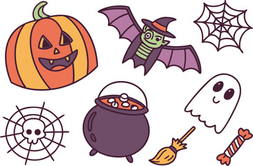 Cartoon vector illustration set of spooky Halloween icons like pumpkin, ghost, witch, bat, and spider for a scary holiday design